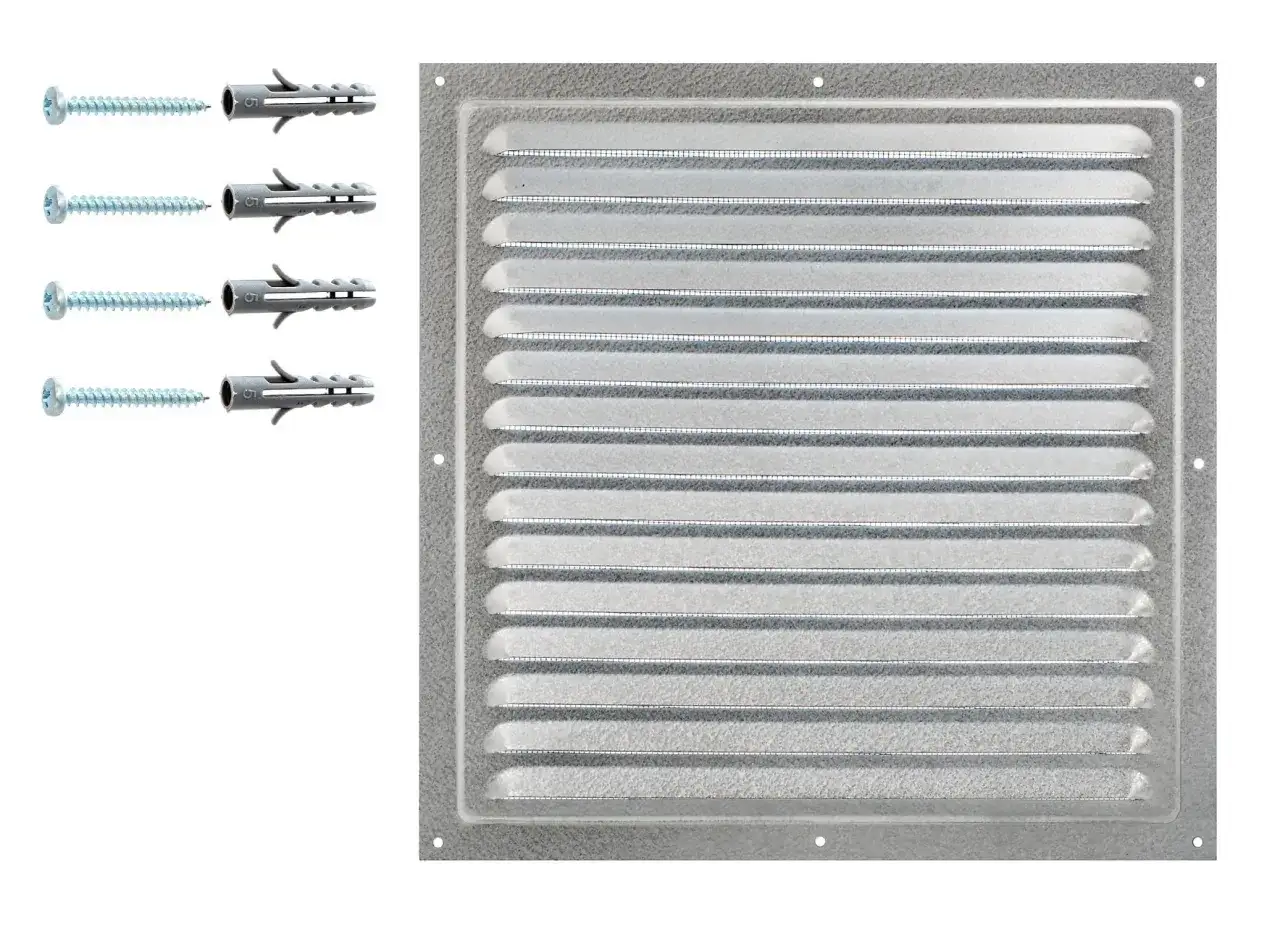 Ventilationsnät i metall med skruvar och plugg. Perfekt för att säkerställa god luftcirkulation i ditt hem.