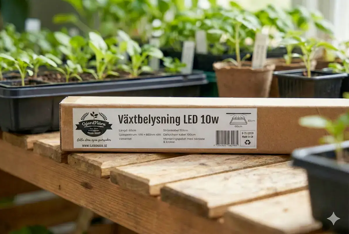 En kartong med v&auml;xtbelysning LED 10W fr&aring;n GjordN&auml;ra st&aring;r p&aring; en tr&auml;hylla bland plantor. Perfekt f&ouml;r din e40 sockel.