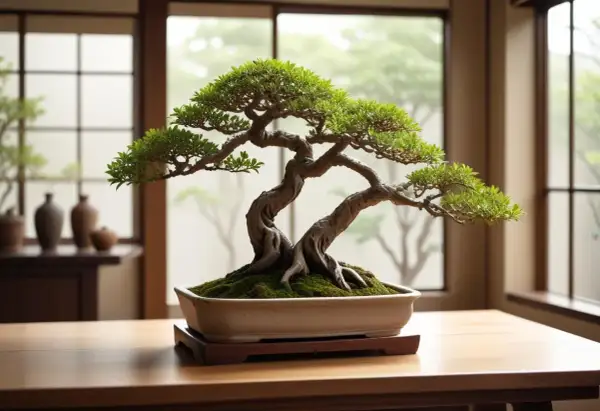 En vackert formad bonsai-tall, med sina knotiga grenar och frodiga gröna blad, står i en keramikskål på ett träbord.