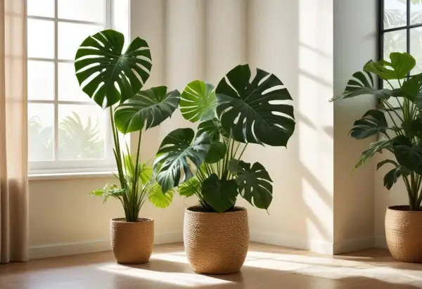 Stora, flikiga blad från en blomma monstera lyser upp rummet. Solen strilar in genom fönstret och skapar vackra skuggor på väggen.
