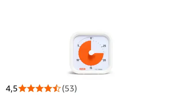 En vit, fyrkantig digital timer med en orange skiva som visar att 15 minuter har gått. Perfekt för att hålla koll på tiden.
