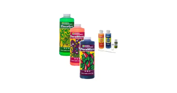 General Hydroponics Flora-serie med näring och pH-justerare för hydroponisk odling.