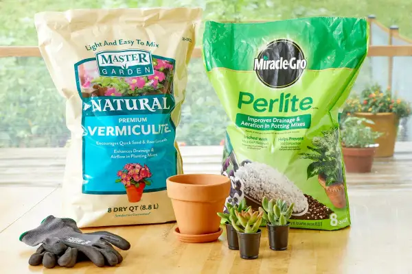 Två påsar jordförbättring, en med "Natural Premium Vermiculite" och en med "Perlite", redo att köpa för din trädgård.