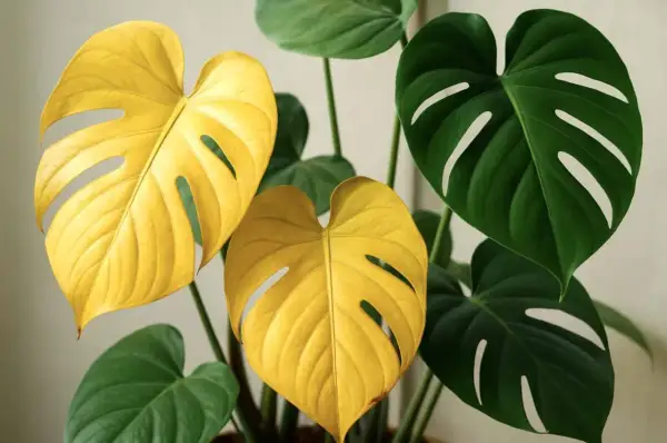 En monstera med slående gula blad lyser upp bland sina gröna syskon.
