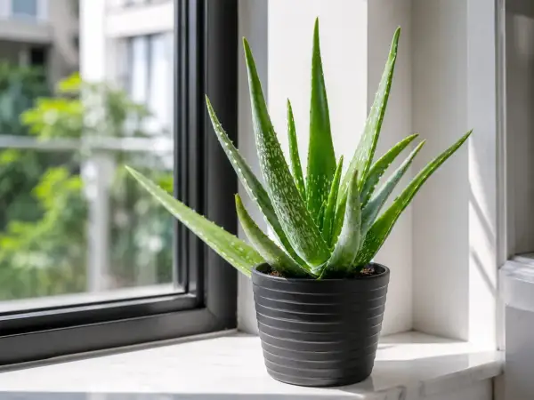 En frodig aloe vera planta i en svart kruka står på en fönsterbräda. Dess gröna blad med vita prickar sträcker sig mot ljuset.
